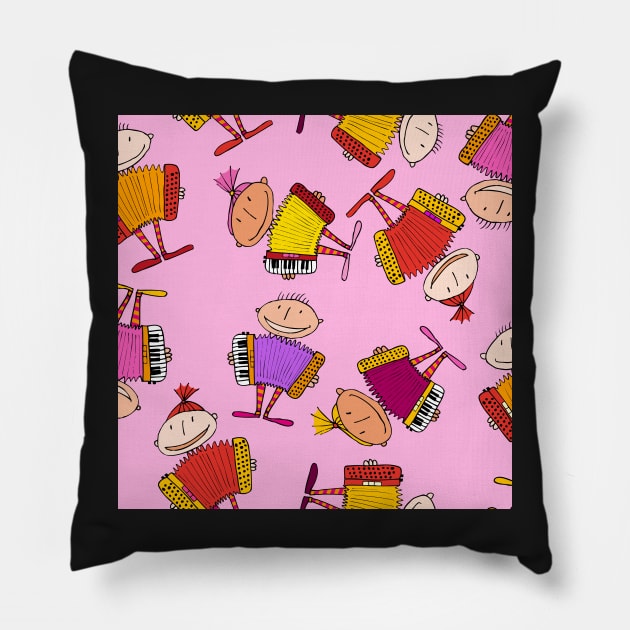 little accordionists - repeating pattern on pink Pillow by kobyakov