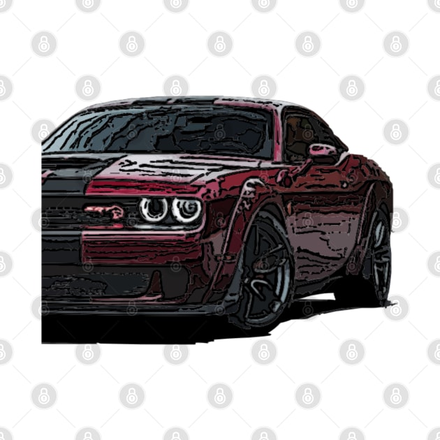 Explosive Fury: Red Dodge Challenger Fiery Front Half Body Posterize Car Design by GearHead Threads
