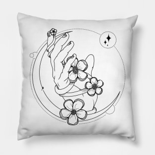 hand holding flower on a crescent moon Pillow