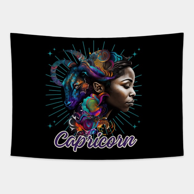 Black Capricorn Zodiac Sign Woman Tapestry by SassyElevate2