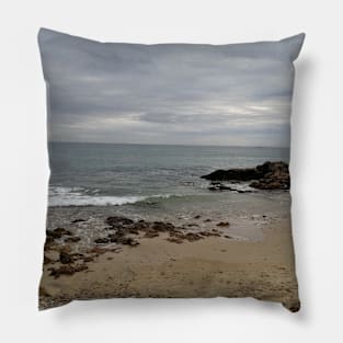 View from a sandy beach of a boat at sea Pillow