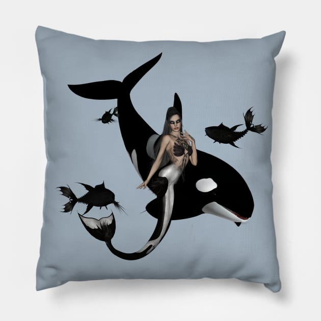 Wonderful mermaid with orca in the deep ocean Pillow by Nicky2342