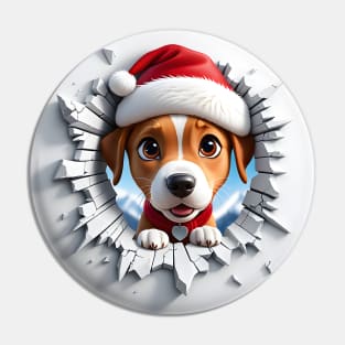 A Cute Dog Wearing  Christmas Hat Peeking Through A Hole In The Wall Pin