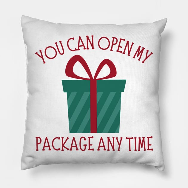 You Can Open My Package Anytime. Christmas Humor. Rude, Offensive, Inappropriate Christmas Design In Red Pillow by That Cheeky Tee