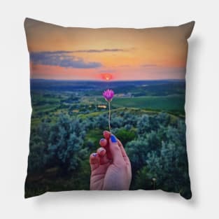 woman hand holding a gentle purple flower Pillow