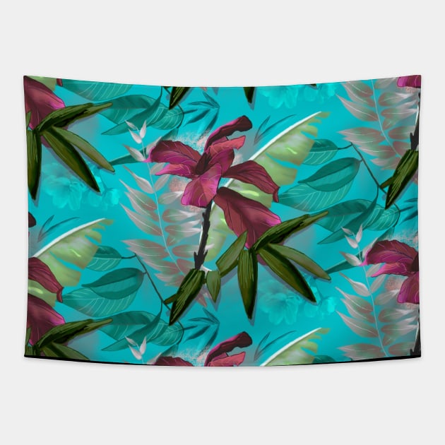 Exotic Tropical plants pattern botanical illustration,botanical pattern, tropical plants, pink turquoise leaves pattern over a Tapestry by Zeinab taha