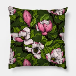 Blooming magnolia on dark green Pillow