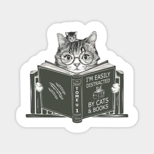 Easily Distracted By Cats And Books Cat And Book Lovers 2024 Magnet