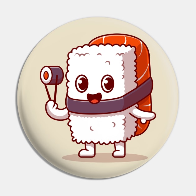 Cute Sushi Salmon Holding Chospsticks Cartoon Pin by Catalyst Labs