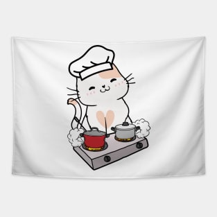 Funny white Cat is cooking Tapestry