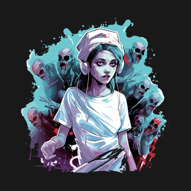 Halloween Zombie Nurse with Headphones Surrounded by Restless Spirits by InkInspire