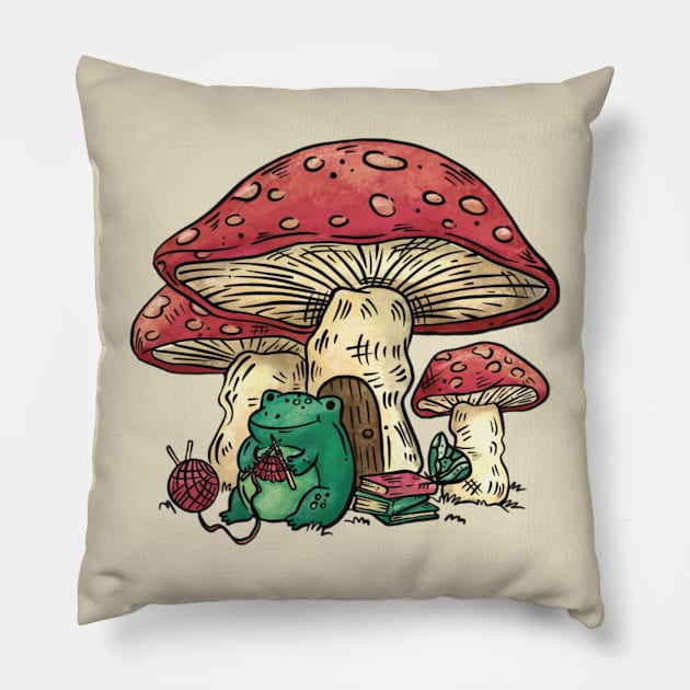 Cute Frog Knitting Mushrooms Cottagecore Farmcore Countrycore Pillow by Sassee Designs