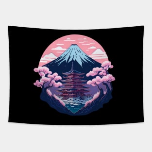 Symmetrical Japanese Pagoda, Mountain and Flowers Tapestry