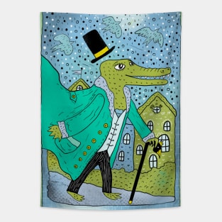 Cute green crocodile character in black top hat and tie Tapestry