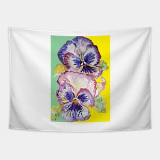 Purple Pansy Flower Watercolor Pattern on Green Tapestry