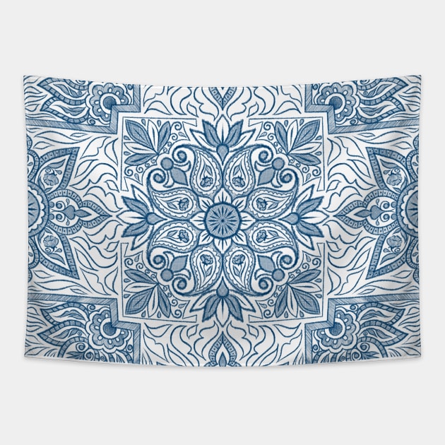 Indigo Floral Symmetrical Repeat Pattern Tapestry by SemDesigns