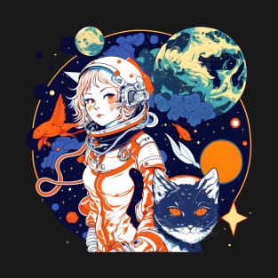 Cat & Girl in Space Fantastic Retro Cat Lover T-Shirt