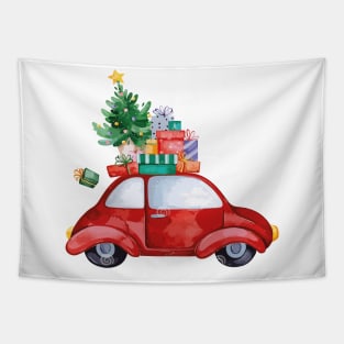 Merry Christmas Retro car with Christmas Gifts. Tapestry