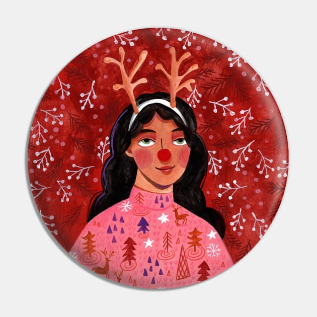 Festive holiday reindeer woman portrait Pin by CarolineBMuller