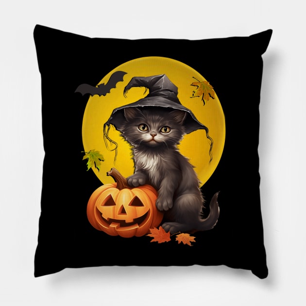 Black Cat In Witch Hat Harvest Moon Halloween Pillow by tamdevo1