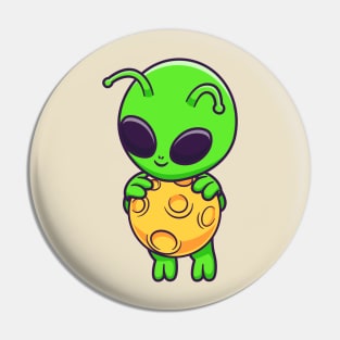 Cute Alien Flying With Moon Cartoon Pin