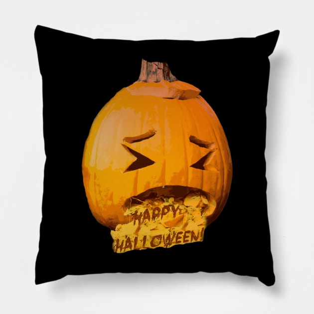 Puking Pumpkin Happy Halloween! Pillow by TheAshleyYoung