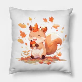 Happy Autumn Squirrel with an Acorn Pillow