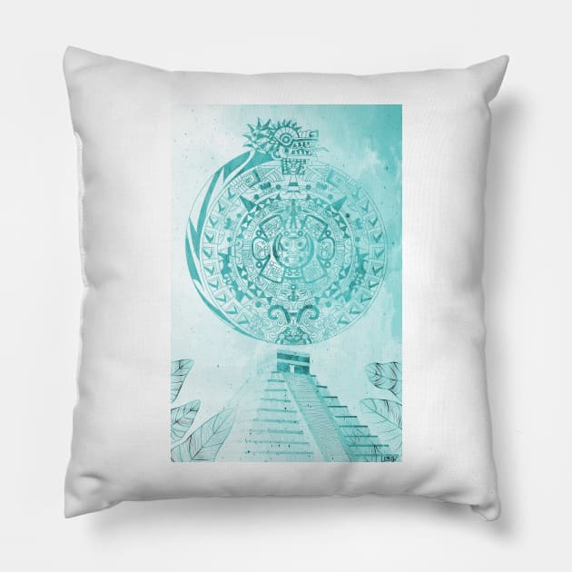 quetzalcoatl and the aztec calendar in teotihuacan ecopop mexican patterns Pillow by jorge_lebeau