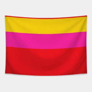 A capital fuse of Red (Pigment), Barbie Pink, Golden Yellow and Bright Light Blue stripes. Tapestry