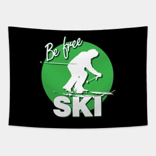 Downhill Skier Text Design with Be Free SKI Quote Green Circle of Ski Level Beginner Black Background Tapestry