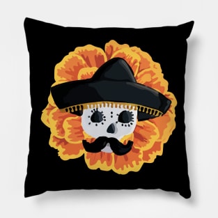 Charro mexican kawaii cute sugar skull mexican style cempasúchil mustache mexican sombrero skeleton Pillow