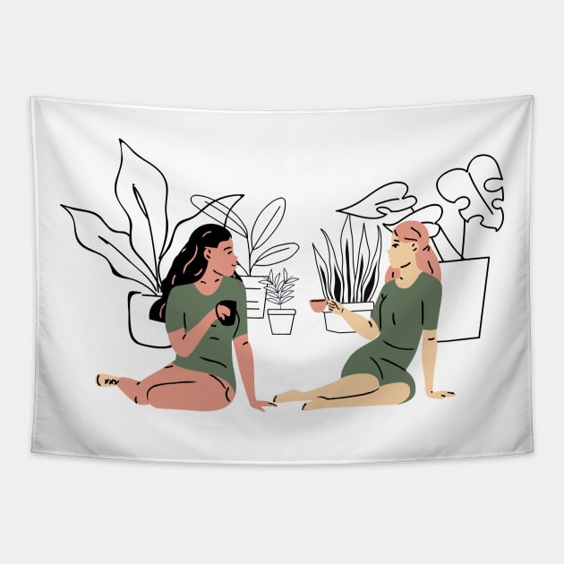 Childhood Best Friends Having Coffee Next to Plants Tapestry by A.P.