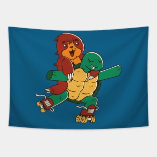 Funny Sloth and Turtle on Roller Skates // Cute Cartoon Animals Tapestry