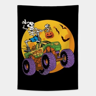 Kids Skeleton Monster Truck Trick Treat Halloween Tapestry