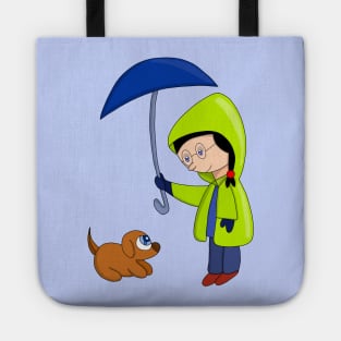 The girl and the dog on a rainy day Tote