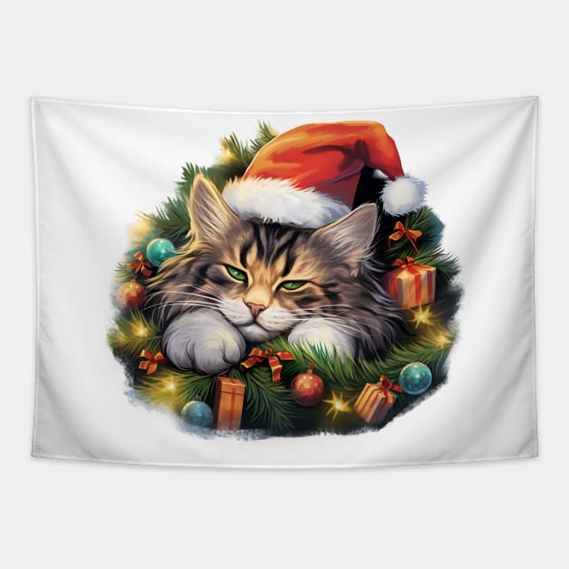 Lazy Norwegian Forest Cat At Christmas Tapestry by Chromatic Fusion Studio