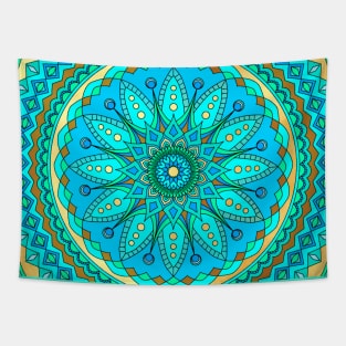Flower mandala blue gold on watercolor background Tapestry