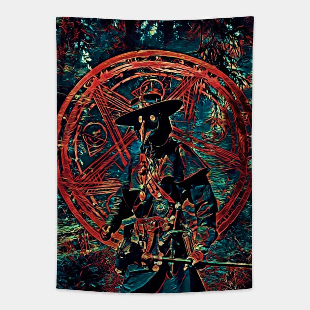 Plague doctor in the forest, on a pictogram background Tapestry by Revier