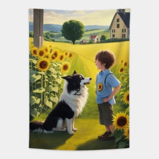 child hanging out with a dog. Tapestry