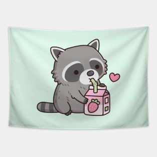 Cute Raccoon Loves Strawberry Milk Doodle Tapestry