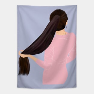 Cute Girl hiding face holding pony tail Tapestry