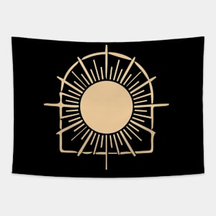 bohemian astrological design with sun, stars and sunburst. Boho linear icons or symbols in trendy minimalist style. Tapestry