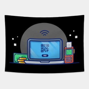 Laptop With Electronic Data Capture, receipt, And stack Money Cartoon Tapestry