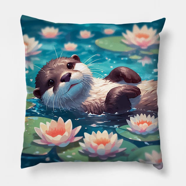 Kawaii Anime Otter Swimming With Water Lily Pillow by TomFrontierArt