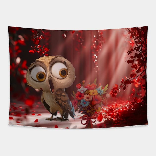 Owl with valentine heart Tapestry by Black Cat