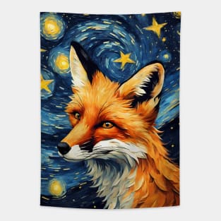 Adorable Fox Animal Painting in a Van Gogh Starry Night Art Style Tapestry