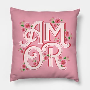 Mexican flowers design AMOR a la mexicana pink banner calligraphy decoration Pillow