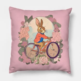 Cycling Enthusiast Cycler of Rabbit in Vintage Flowers Adventure Pillow