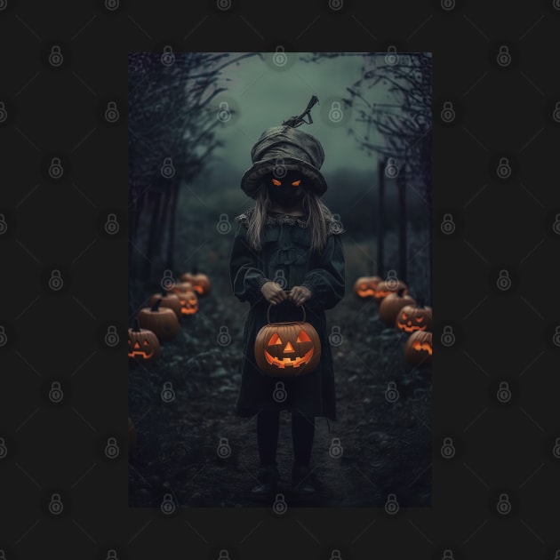 cursed girl with scary eyes and pumpkin, halloween design by Maverick Media