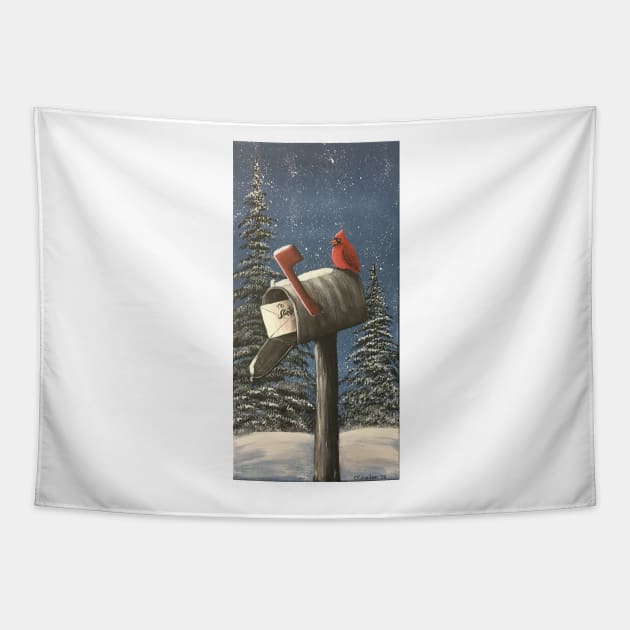 Cardinal on a Mailbox with Christmas Letter to Santa Tapestry by SistersInArtN